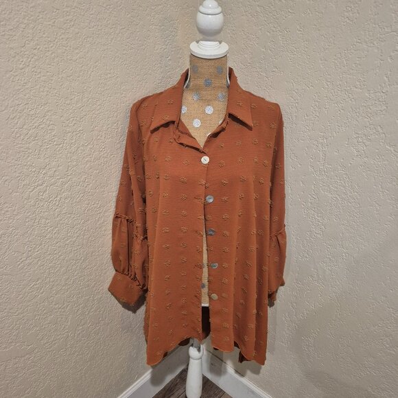 Sew Modest Burnt Orange Swiss Dot Button Up High Low - Picture 1 of 4